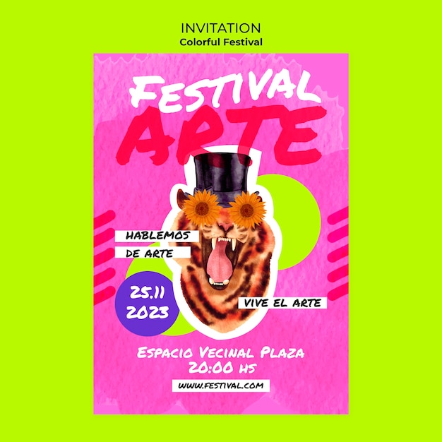 PSD gratuito modello di invito per festival d'arte colorata