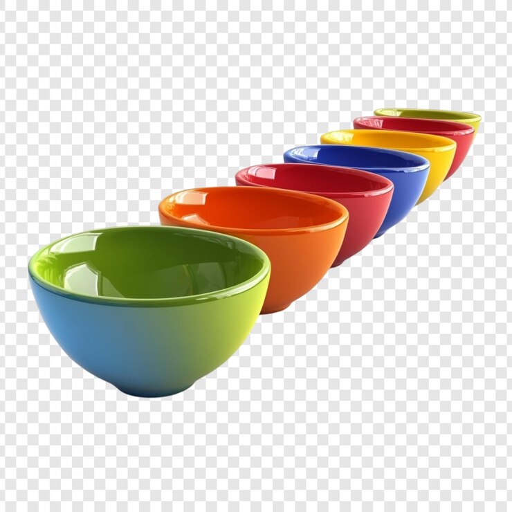 Free PSD colorful bowls in a vibrant row cheerful kitchenware display