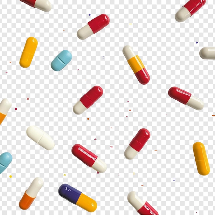 Free PSD colorful capsules falling a vibrant display of various medication capsules in midair against a transparent background