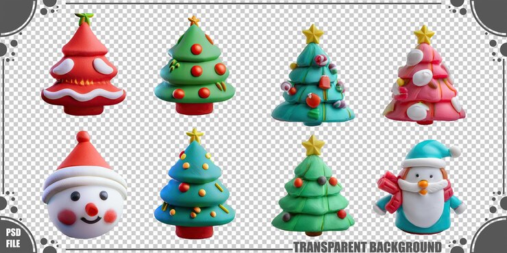 Free PSD colorful christmas trees and festive characters