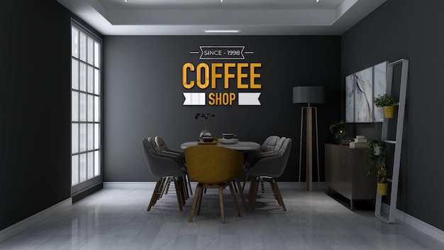 카페 회의실에서 다채로운 커피숍 로고 모형 프리미엄 PSD 파일