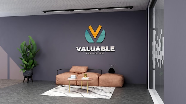 Colorful company logo mockup in the minimalist office lobby waiting room