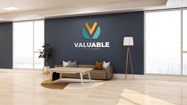 Colorful company logo mockup in the minimalist office lobby waiting room