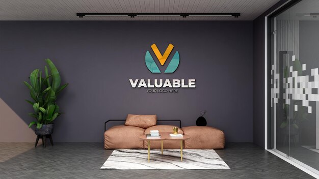 Colorful company logo mockup in the minimalist office lobby waiting room