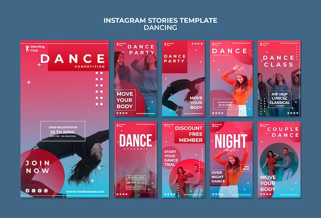 PSD gratuito modello di storie di instagram di danza colorata