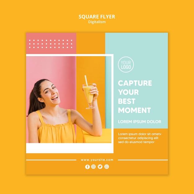 Colorful digitalism square flyer with photo free PSD