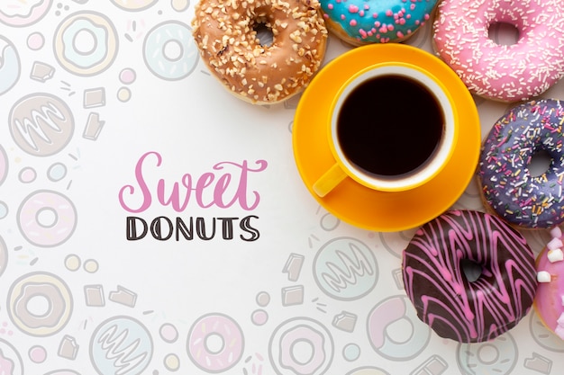 Download Free Psd Colorful Donuts And Coffee With Mock Up