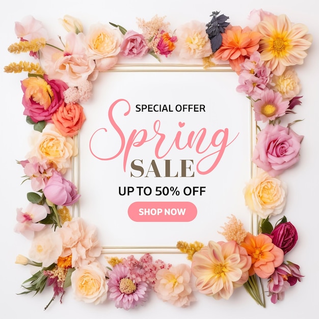 Free PSD colorful flowers spring sale discount banner or social media post template