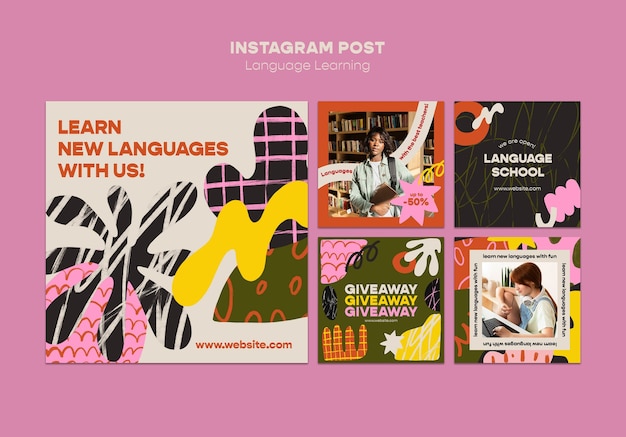 PSD gratuito modello di instagram di lingua di apprendimento colorato