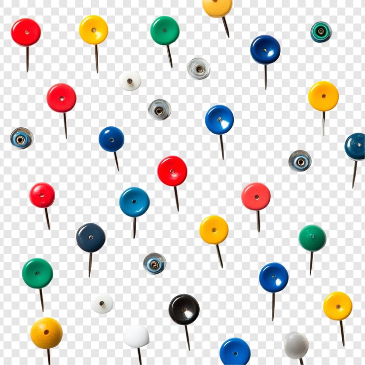 Free PSD colorful push pins scattered on transparent background