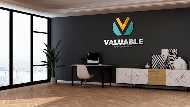 Макет логотипа компании в минималистском дизайне интерьера комнаты офис-менеджера