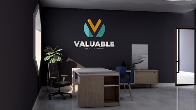 Company logo mockup in the minimalist office manager room interior design