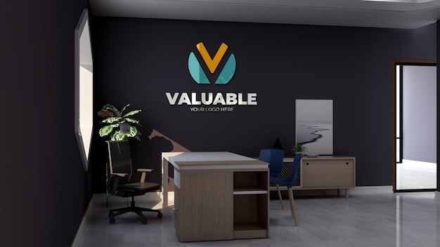 Company logo mockup in the minimalist office manager room interior design