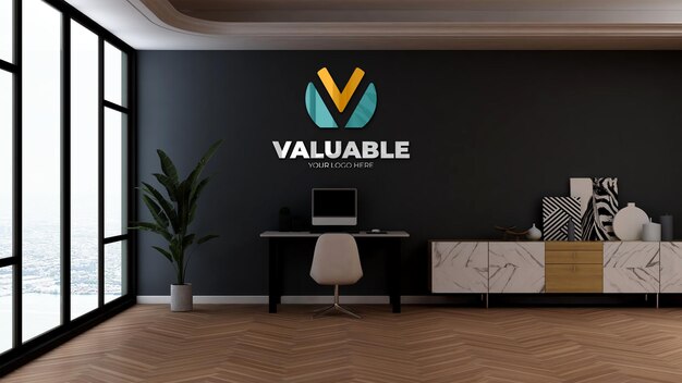 Company logo mockup in the minimalist office manager room interior design