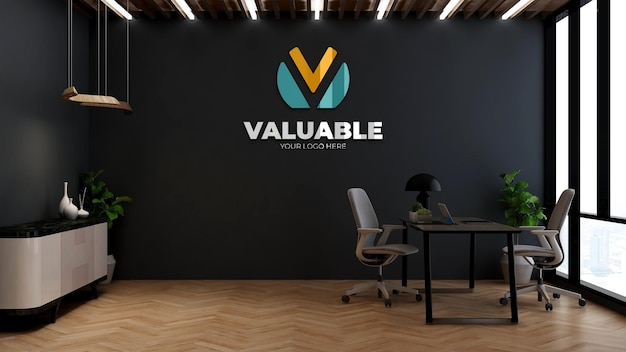 Company logo mockup in the minimalist office manager room interior design