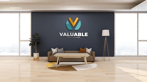 Company logo mockup in the modern office lobby waiting room with sofa