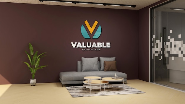 Company logo mockup in the wooden office lobby waiting room