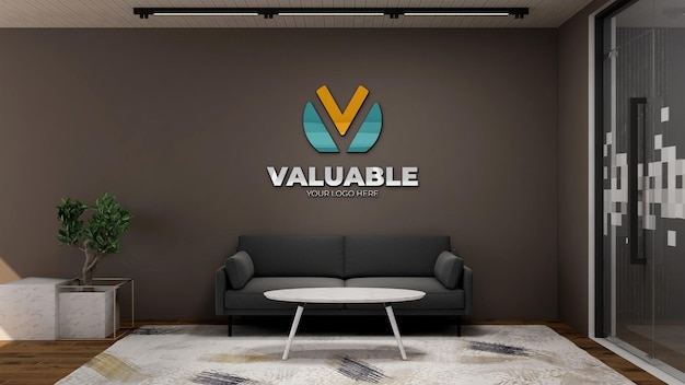 Company logo mockup in the wooden office lobby waiting room