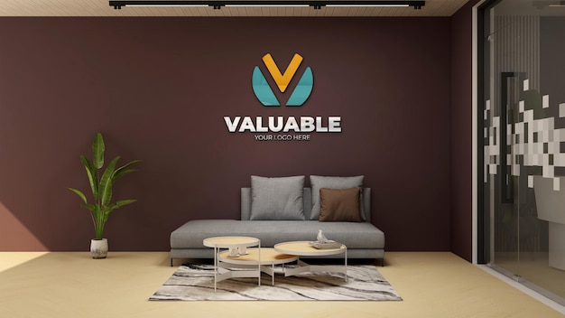 Company logo mockup in the wooden office lobby waiting room