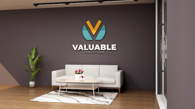 Company logo mockup in the wooden office lobby waiting room