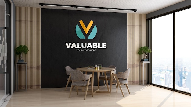 Company logo mockup in the wooden rounded or circle table office business meeting room