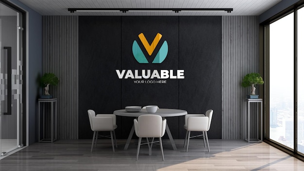 Company logo mockup in the wooden rounded or circle table office business meeting room