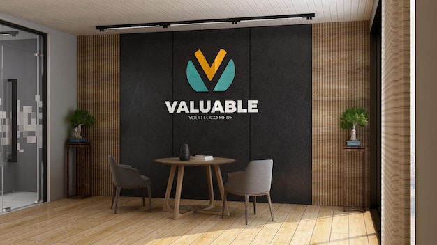 Company logo mockup in the wooden rounded or circle table office business meeting room