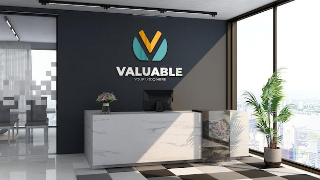 Company wall logo mockup in the luxury office reception room