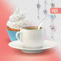 PSD gratuito composizione con tazza di caffè bianco e cupcake