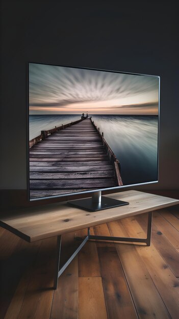 Computer monitor on a wooden table with a view of the sea