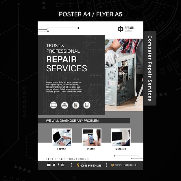 Free PSD computer and phones repair services poster