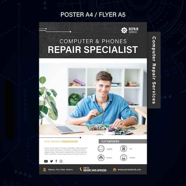 Free PSD computer and phones repair services poster