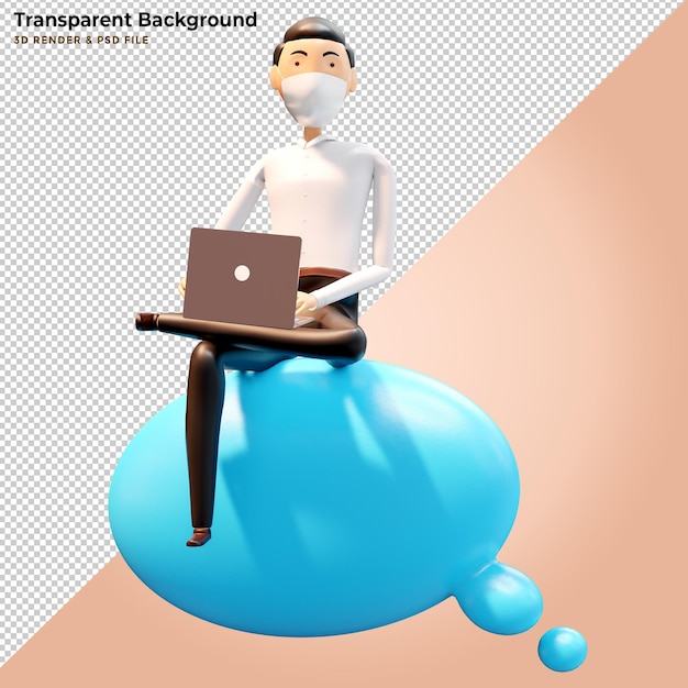 Free PSD concept mobile application and cloud services. business man sits on big cloud sign. 3d illustration.