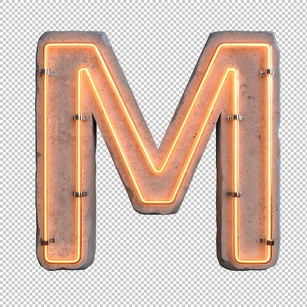 Concrete neon light alphabet m on transparent background