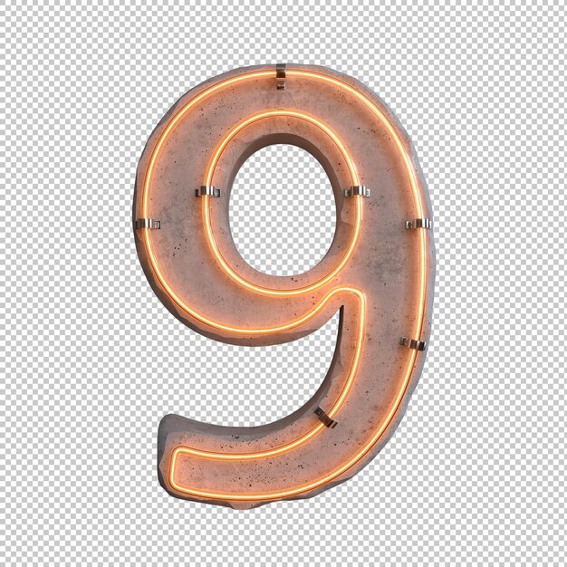 Concrete neon light Number 9 on transparent background