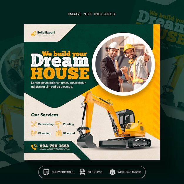 Free PSD construction and house services social media post and web banner design template