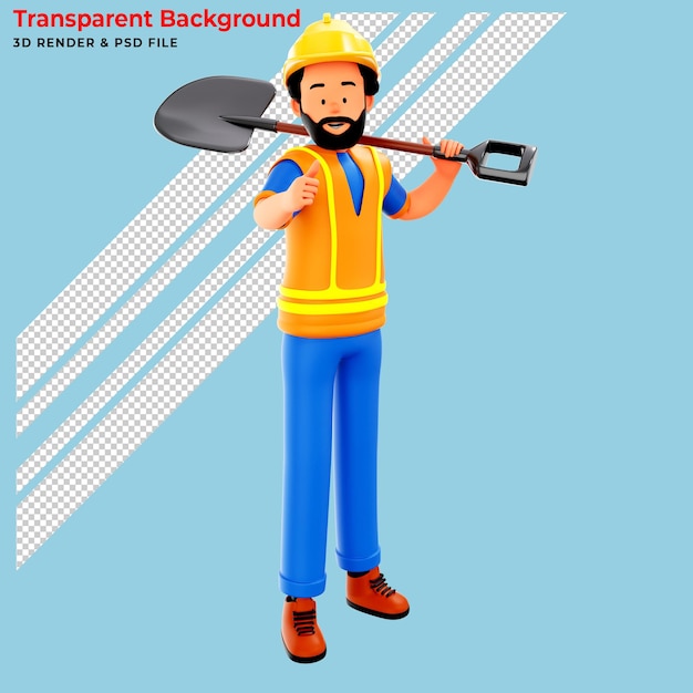 Free PSD construction worker wearing safety helmet and vest holding shovel 3d render illustration
