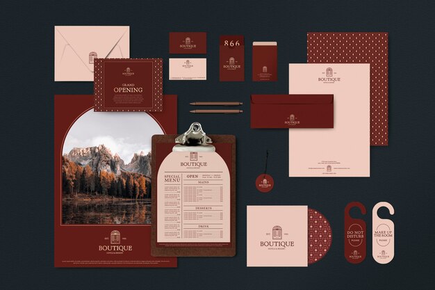 Free PSD corporate identity travel and tourism industry psd mockups and templates in muted red tone