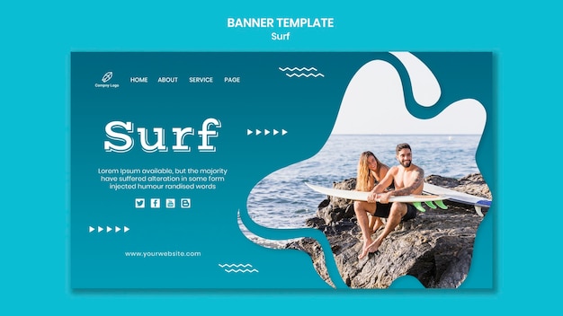 無料PSD サーフボードバナーと海辺でのカップル