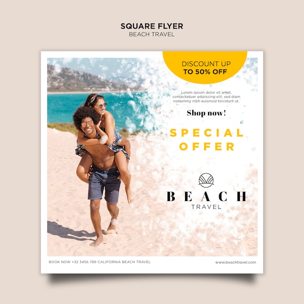 Free PSD couple playing on the beach square flyer template
