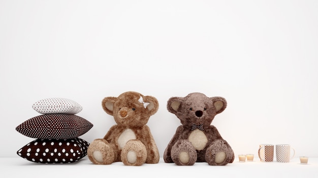 Free PSD couple of teddy bears with cushions and coffee cups