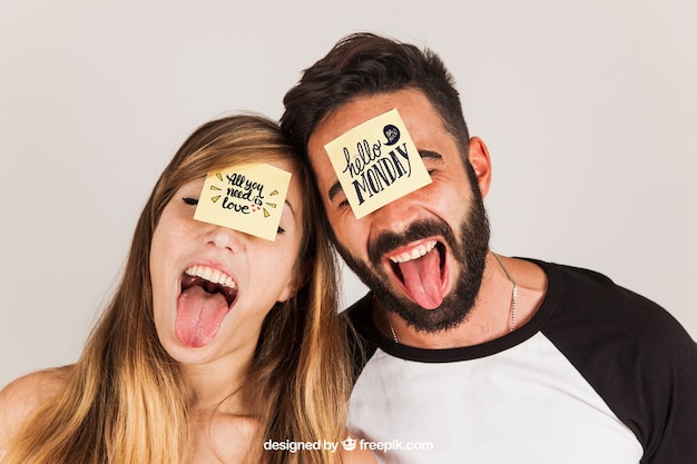 Free PSD couple with post its on face