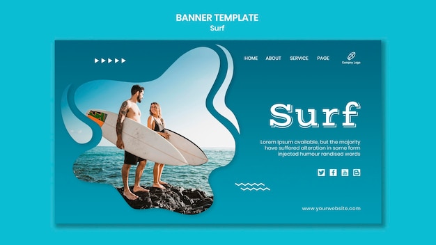 Couple with surfboards banner template