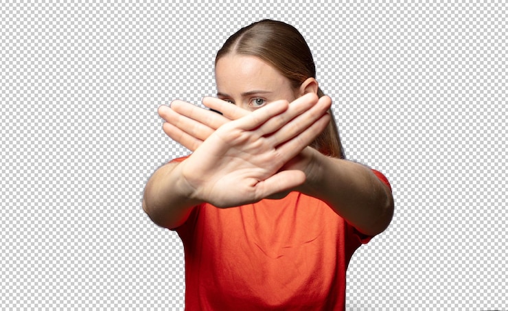Free PSD covering face with hand and putting other hand up front to stop camera refusing photos or pictures