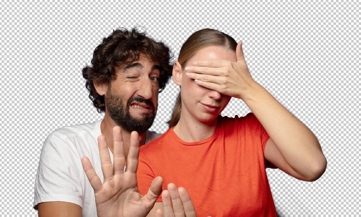 Free PSD covering face with hand and putting other hand up front to stop camera refusing photos or pictures