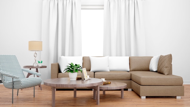 Free PSD cozy living room with brown sofa, center table and large window