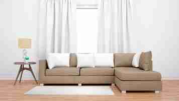 Free PSD cozy living room with brown sofa and large window