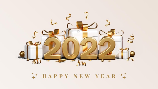 Creative concept happy new year 2022 with gift boxes balloons and confetti 3d render illustrations