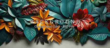 Free PSD creative layout made of colorful tropical leaves on white background