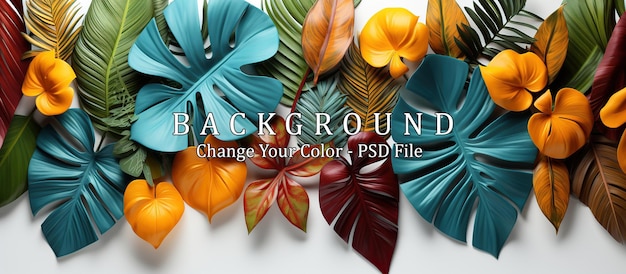 Free PSD creative layout made of colorful tropical leaves on white background